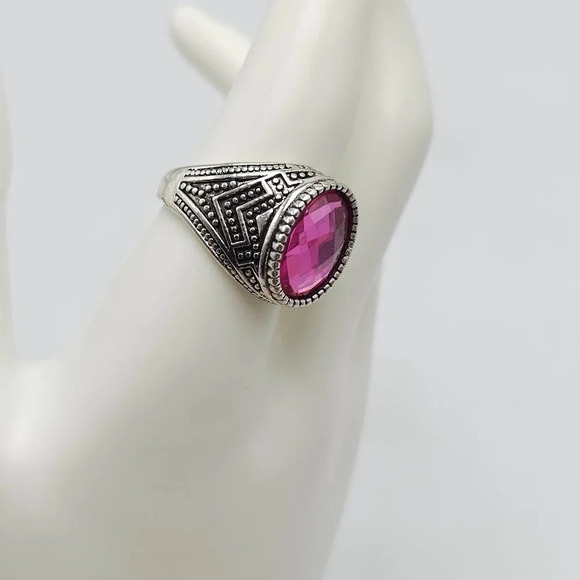 Pink Rhinestone Faux Ruby Silver Tone Statement Dome Ring Size 10 Unisex - Picture 2 of 4